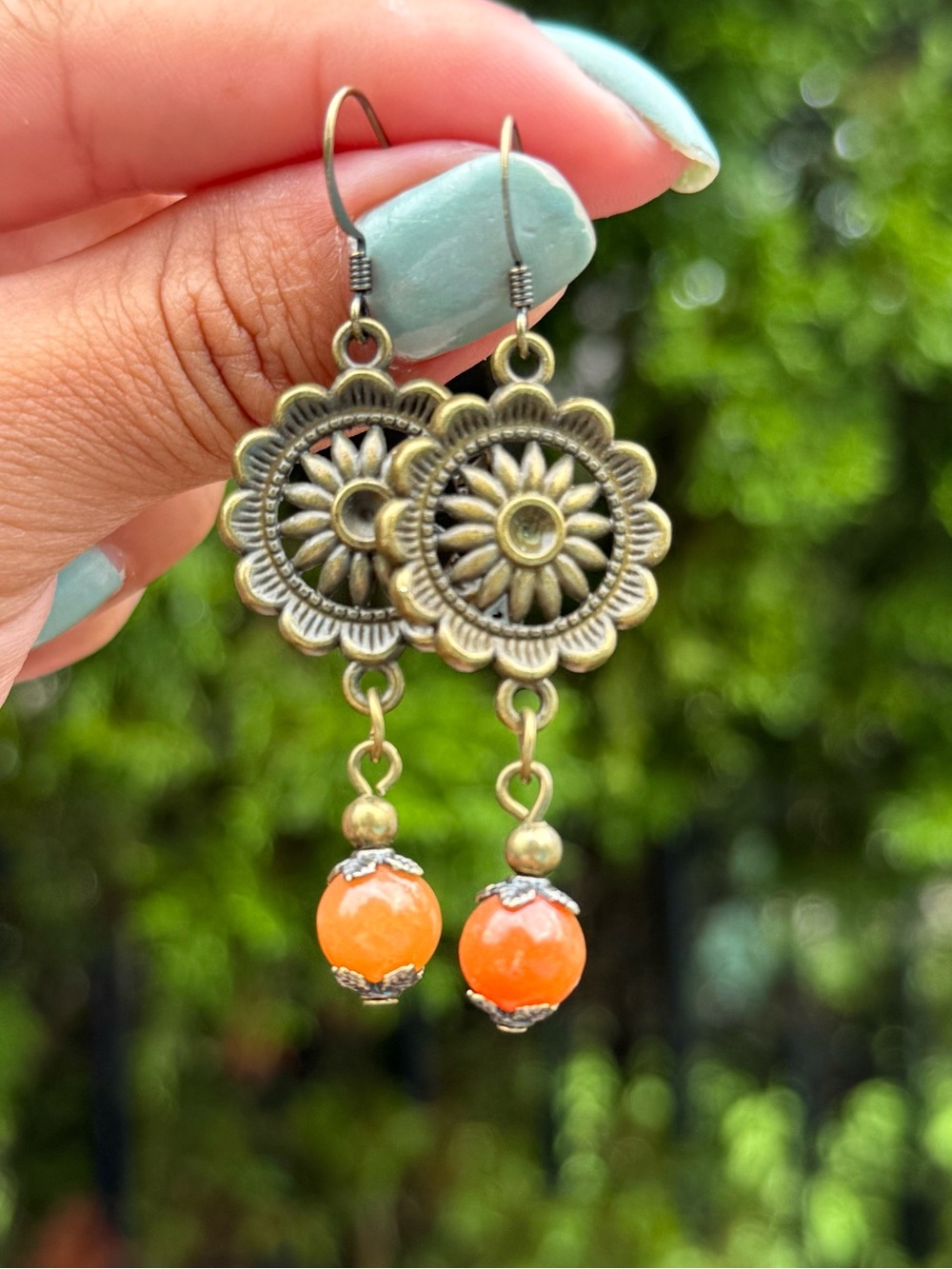 Bohemian Sunflower Drop Earrings with Orange Beads - Picture 2 of 5